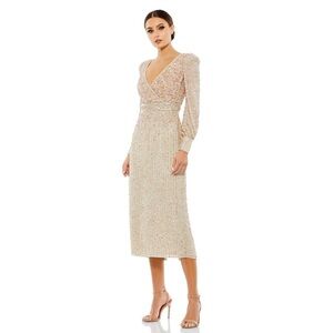 Mac Duggal 93593 NWT SEQUINED V NECK BISHOP SLEEVE DRESS